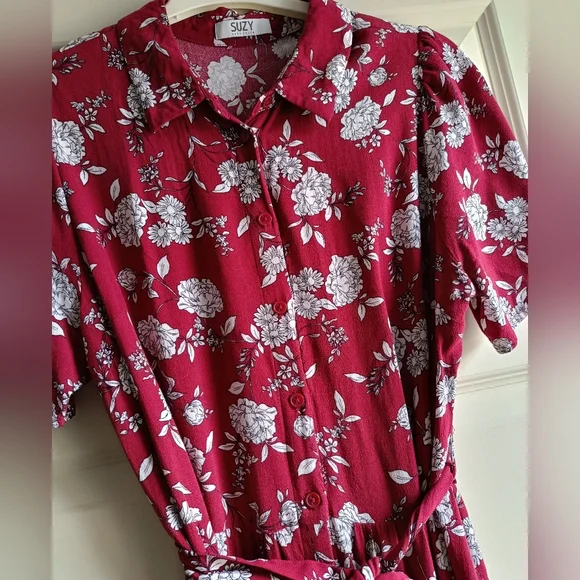 M🌺Floral Collared Button Up Maxi Dress Fushia/Magenta&White - Picture 7 of 8